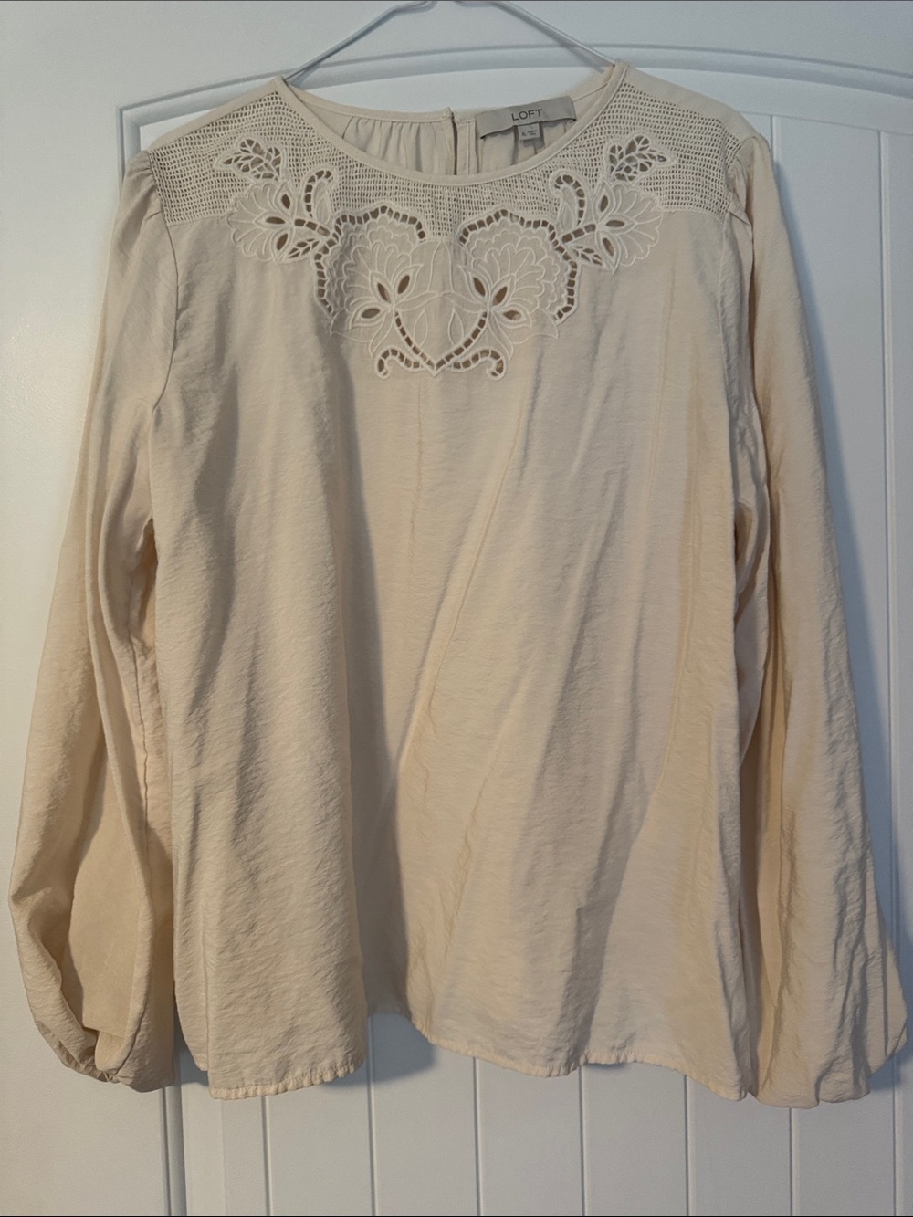 LOFT Cream Embroidered Yoke Long Sleeve Blouse